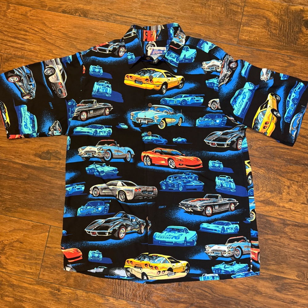 Reyn Spooner x Eddy Y Corvette Sports Shirt Rayon SzM Vintage Classic Cars Retro